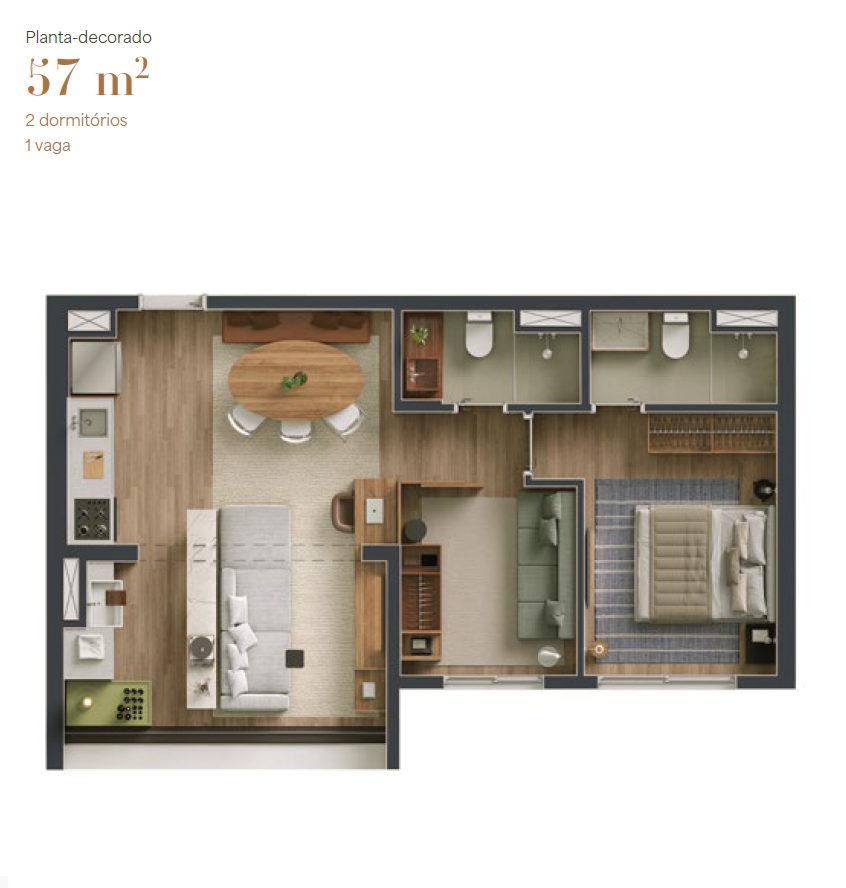 Planta da unidade de 57 m²
